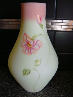  Glass Floral Breeze on Burmese Yellow Vase Hand Painted Signed Kibbe