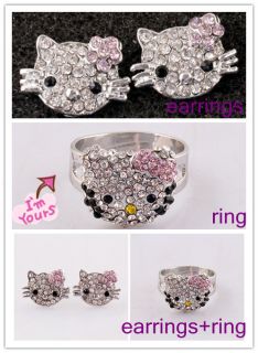 10 20pcs Children Hello Kitty Stud Earring Rings Sets Crystal Jewelry