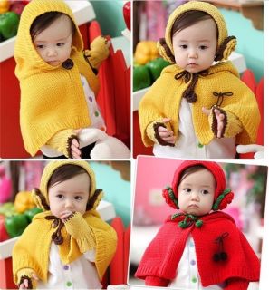 Winter Warm Toddler Child Baby Knit Cloak Shawl Earmuffs Scarf Hat
