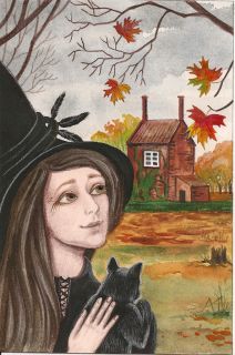 5x7 Halloween Print of Painting RYTA Witch Black Cat Folk Art Barn