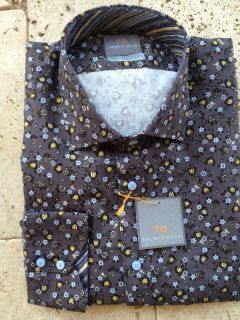 NWT Thomas Dean Shirt L/S Grey Floral w/Contrast Cuffs & Collar Mens M