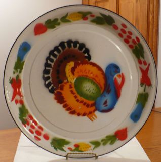 Vtg Enamelware Thanksgiving Turkey Platter Tray Round