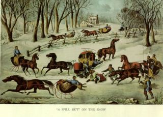 Old Print Winter Horse 8 Sleigh Spill Out on The Snow
