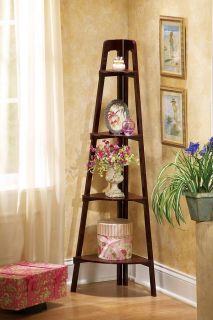 Wooden Display Ladder Stand Corner Floor Shelf Cherry Finish