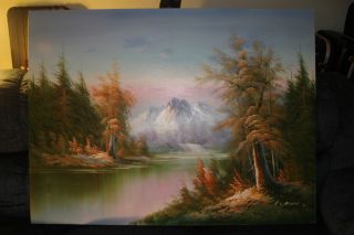 Painting on Canvas by C Helen 3 x 4 ft Mountain Waterfall Lake