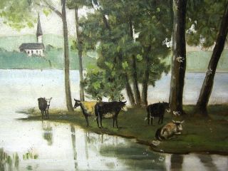 Antique Painting Swedish Landscape Church Cows Lake Trees 1891 Framed
