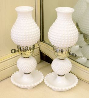 Vintage FENTON HOBNAIL HURRICANE LAMPS, Electric White Milk Glass Set