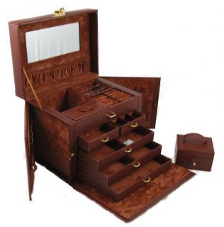 Large Brown Leather Jewelry Box Case Storage Locked with Key KD2
