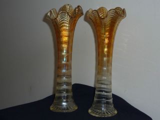 Vintage Carnival Glass Vases Large Imperial Ripple Amber Merigold