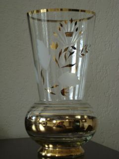 Antique Heirloom Large Vase Etched Cut Glass in Gold Rim Trim