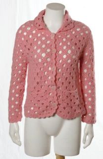 Laurie B Salmon Pink Open Crochet Wool Angora Knit Cardigan Sweater Sz
