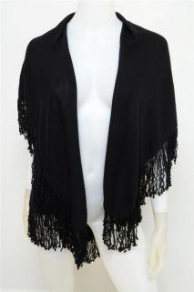 Laurie B s M Poncho Vest Cape Shawl Top Black Knit Fringe Cotton