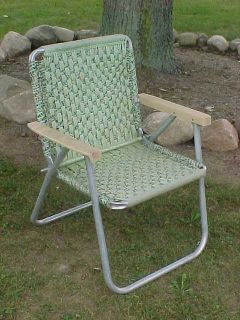 Vintage Folding Macrame Webbed Lawn Chair Lt Green