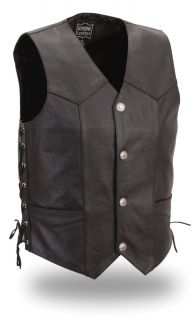 Mens Cowhide Leather Motorcycle Vest w Side Lace Buffalo Nickel Snaps