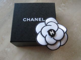 Chanel Black White Leather Flower Pin in Box
