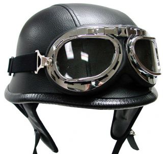 German Black Leather Motorcycle Half Helmet Goggles XL
