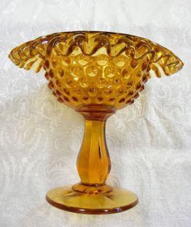 Vintage Amber Glass Compote Candy Dish Hobnail Pedestal Base Fenton