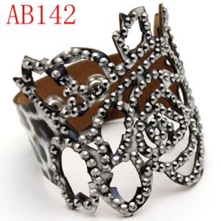  Leather Hollow Crown leopard Bangle Bracelet  AB142