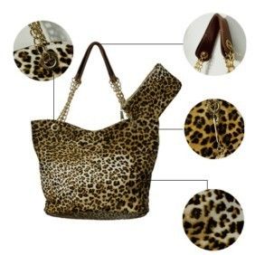 PU Leather Leopard Print Handbag Tote Bag Chain Handles Purse