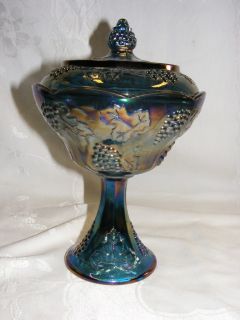 Vintage Carnival Glass Blue Harvest Modified Wedding Bowl Covered