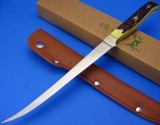 New Elk Ridge Bone Handle Fillet Knife in Box with Leather Sheath