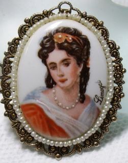 Hand Painted Limoges Portrait Cameo Seed Pearl Brooch