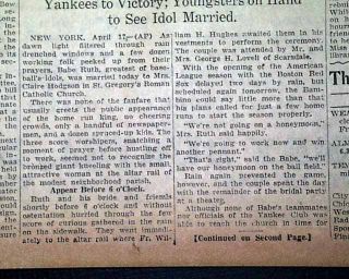 Babe Ruth Claire Hodgson Wedding Yankees 1929 Newspaper
