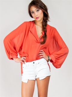 New Women Fashion Sheer Lose Fit Chiffon Blouse Top Shirt Orange Sz