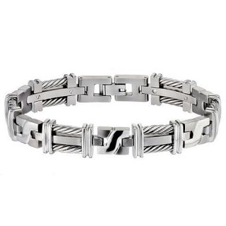 Mens Titanium Twisted Grey Steel Cable Link Bracelet