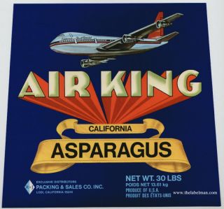 Air King Vintage Lodi CA Asparagus Crate Label Plane