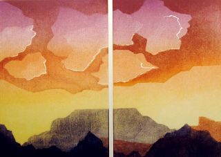 Katherine Hagstrum, Lofting Hand Signed Art Etching mountain sunset