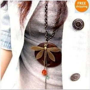 Fashion Womens Wood Dragonfly Pendant Long Necklaces X185 Great Gift
