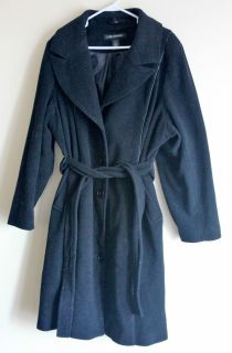 Black Wool Lane Bryant Long Peacoat Trench with Black Leather Piping