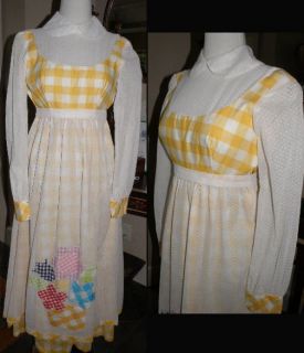 VINTAGE 1960s LONG PRAIRIE DRESS   SMALL  YELLOW GINGHAM UNDER DOTTED