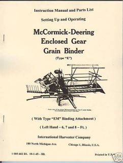 McCormick Deering Enclosed Gear E Grain Binder Manual International