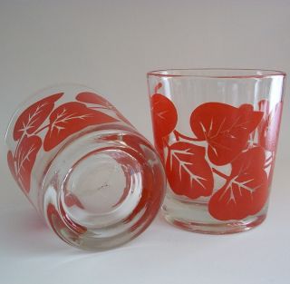  Glass Red Ivy Leaf Tumblers Set of 2 Vintage Lowball Glasses Leaves