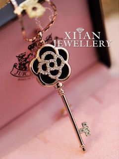 Black Rose Camellia Long Key Necklace w Swarovski Crystal 18K Rose