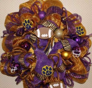 Wreath Purple Gold Deco Mesh LSU Fans Footballs Beads Tiger Ribbon 23