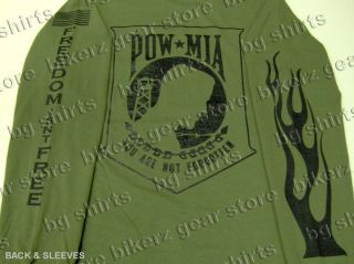 Pow MIA Veterans L s Flame OD Green T Shirt 2X 3X Army Navy Air Force