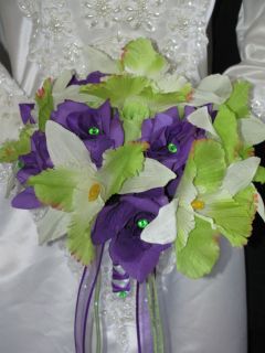  PC Apple Green Lime Green Orchid Purple Rose Wedding Bouquet Set Gem