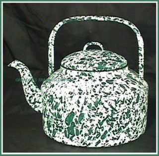 GREEN & WHITE Enamelware 3 Quart Qt Tea Pot Kettle TeaPot NEW Splatter