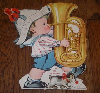  Mechanical Stand up Valentine MARCHING BOY PLAYING TUBA HORN GERMANY