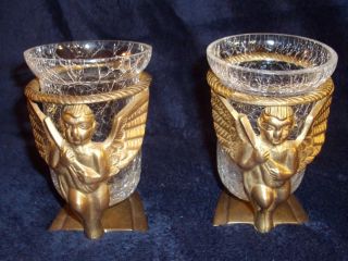 Vtg Pair of Brass Angel Crackled Glass Candle Holders India
