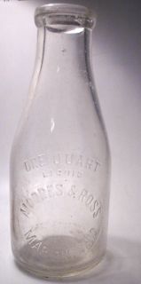 Vintage Moores Ross Marion Oh One Quart Glass Milk Bottle