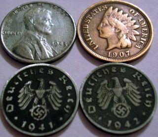 Mint Mark Nazi Coins WW2 3rd Reich Indian Cent 1907 Steel 1943