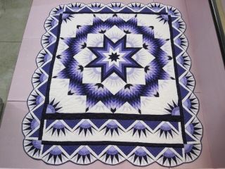 Handmade Mennonite Quilt Purple Mariners Compass Star 6 Stitches per