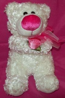  7 Sitting White Bear Beanbag Plush w Pink Rose and Bow