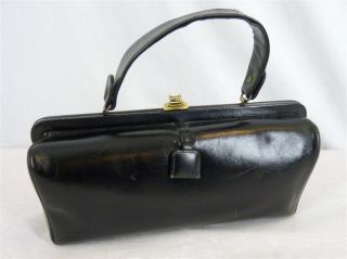 50s 60s Mod Black Leather Margolin Rounded Box Purse Handbag