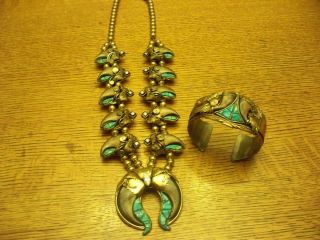 Vintage Sterling and Gold Filled Turquoise Squash Blossom Necklace and