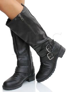 Black Faux Leather Buckle Knee High Riding Flat Boots Masa